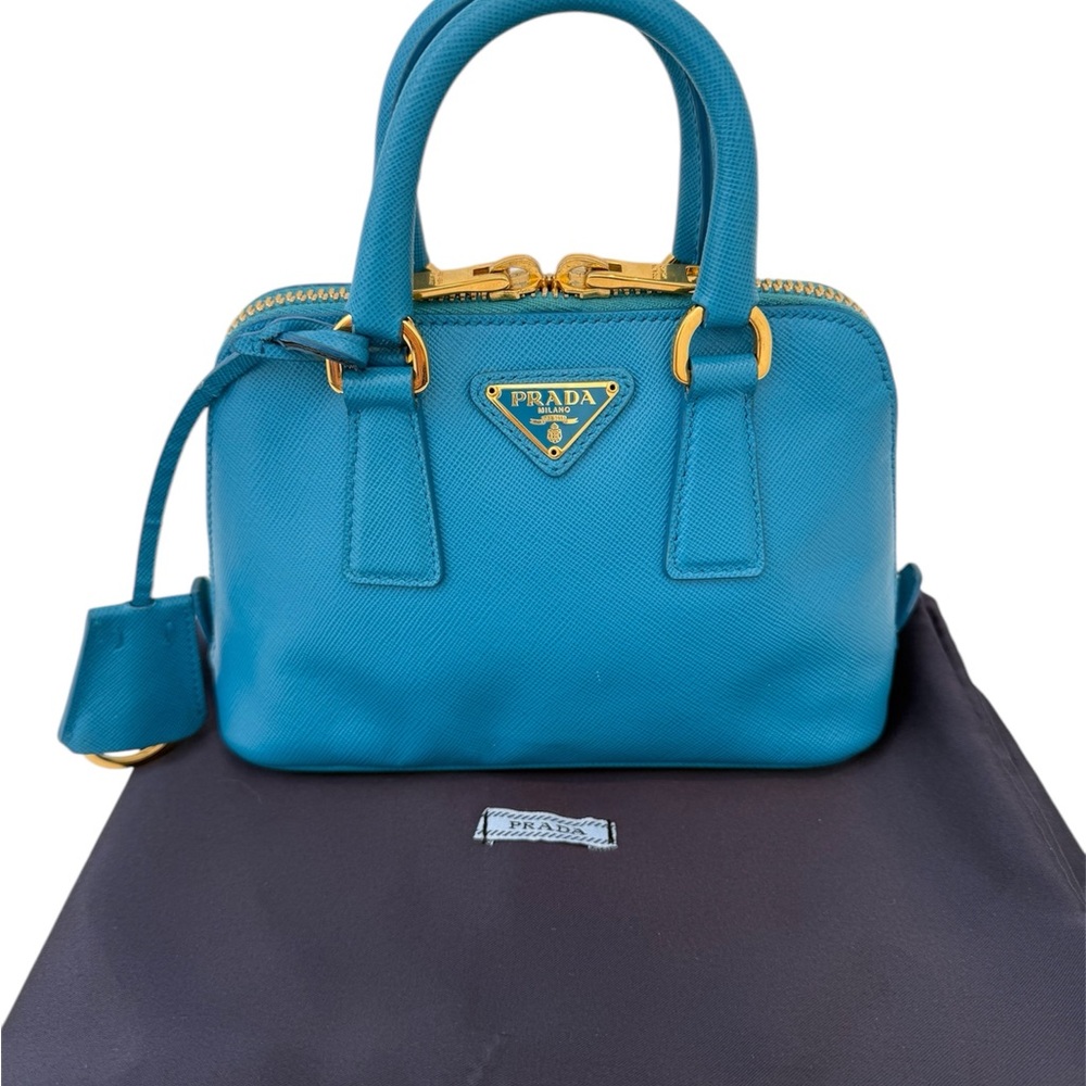 Prada Baby Blue Saffiano Leather Mini Two Way Shoulder Crossbody Satchel Bag